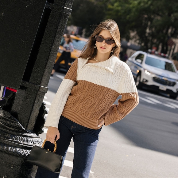 Petite Studio French Style Rowen Wool Sweater - Ivory & Caramel - Picture 2 of 8
